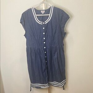 Lanz of Salzburg denim pleated button up Round collar chambray Short sleeve 2X